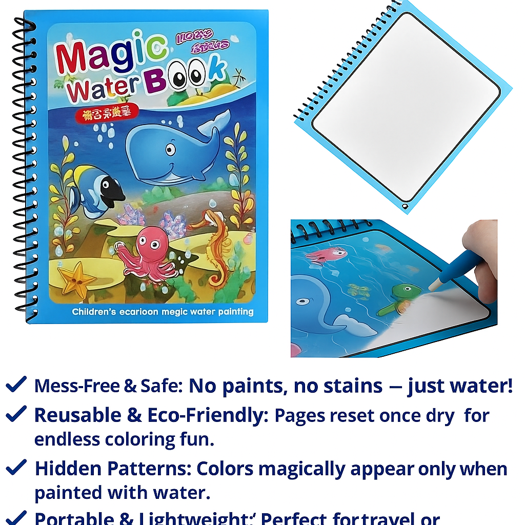 Magic Water Coloring & Drawing Book for Kids | Reusable Painting Doodle Board with Magic Water Pen – Mess-Free Fun & Educational Art Toy